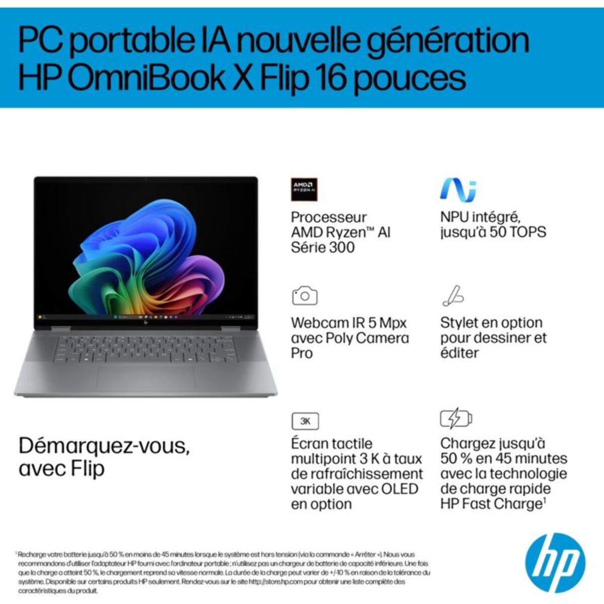 Ordinateur portable HP OmniBook X Flip ar0003nf 16 pouces OLED AMD Ryzen AI 7 350 24 Go RAM LPDDR5x SSD 512 Go Copilot+PC
