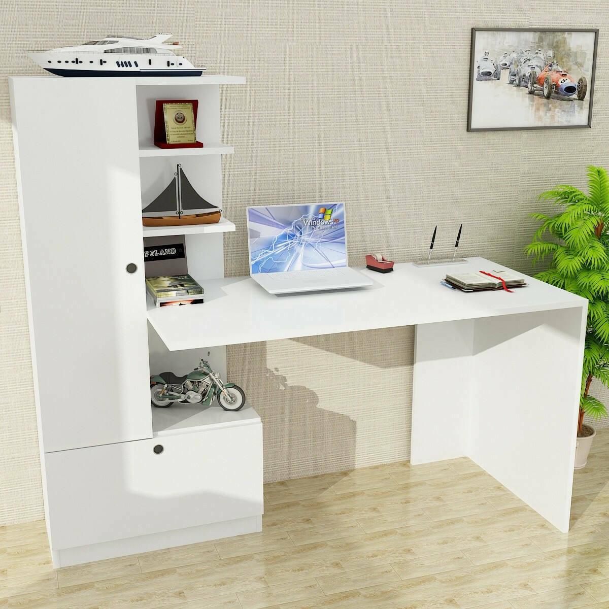 Scrivania Dfrabott, Scrittoio multiuso, Tavolo per ufficio porta PC, Piano di lavoro, 150x62h140 cm, Bianco