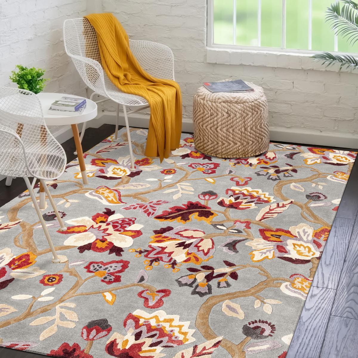 Tapis salon et chambre fait à la main en laine motif floral PIAL