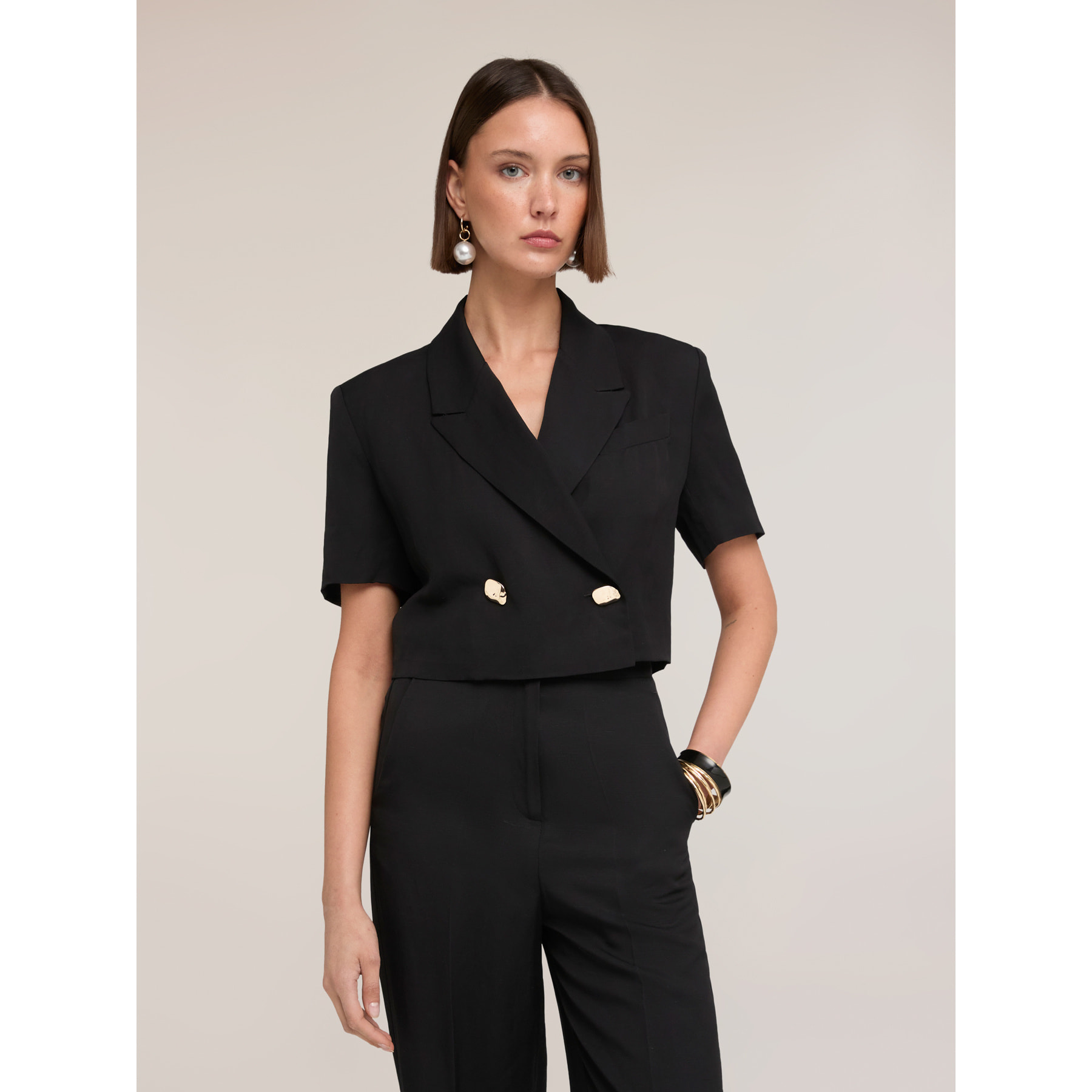 Motivi - Giacca corta doppiopetto maniche corte - Nero