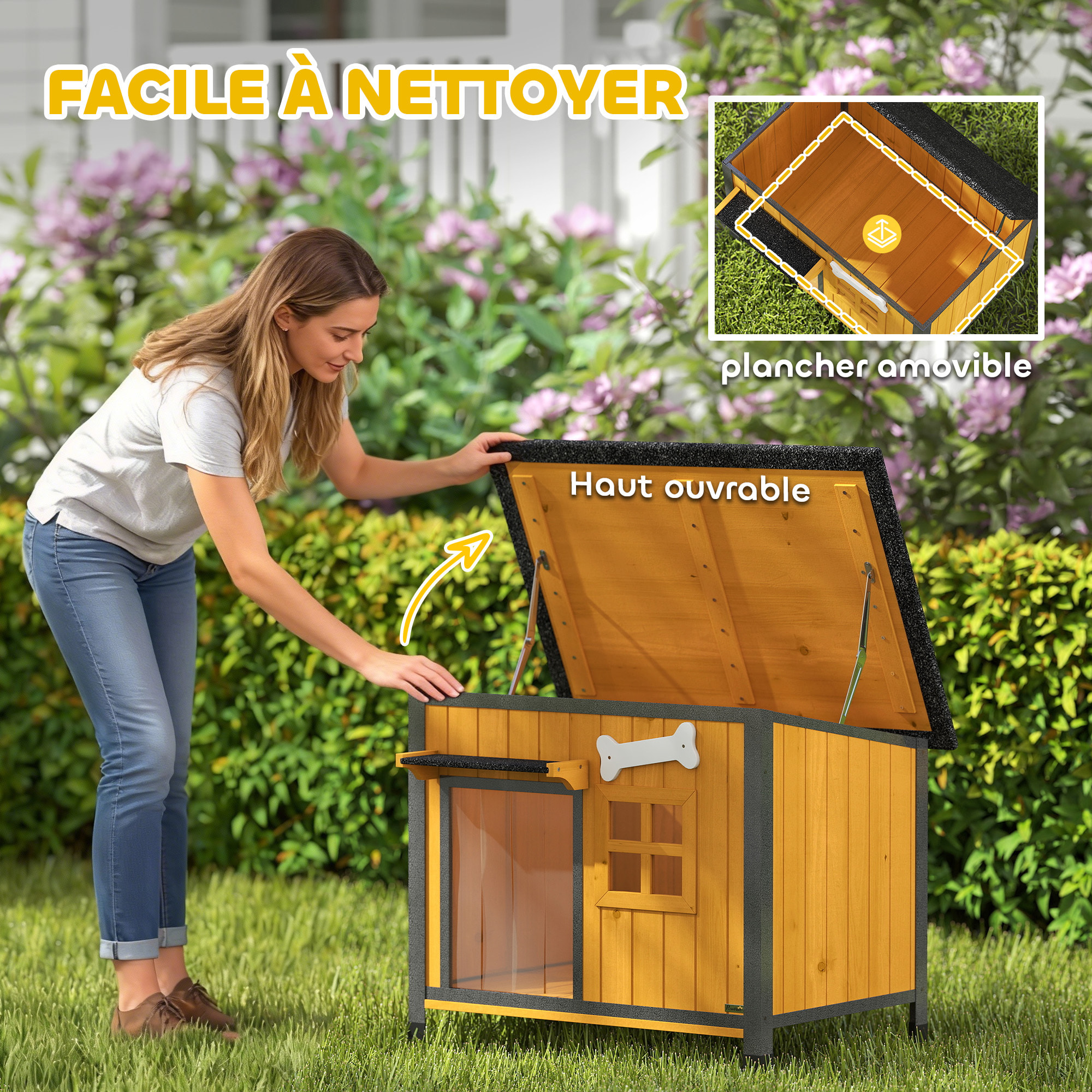 Niche pour chien acier bois pré-huilé design maisonnette toit ouvrant