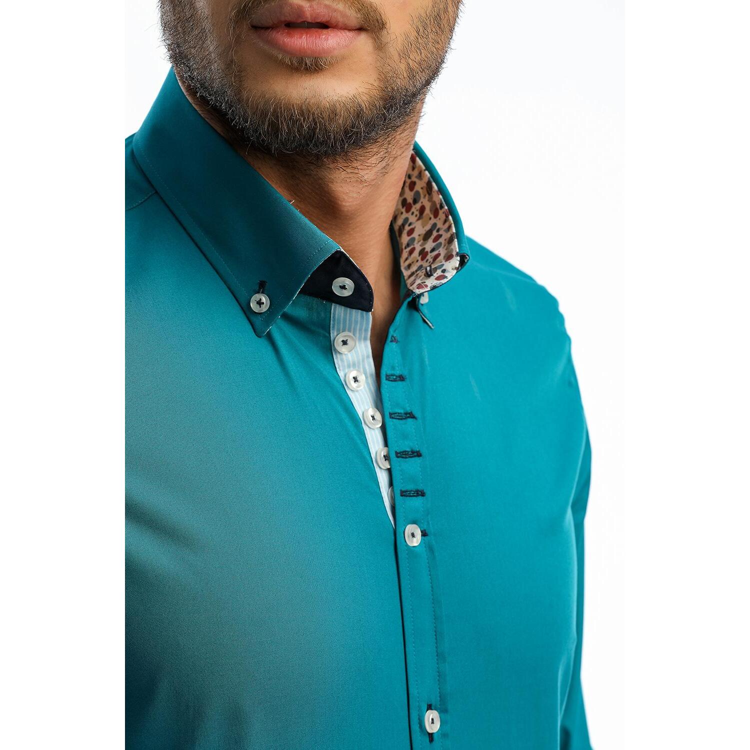 Camicia Uomo 1 Bottoni Button Down Slim Popeline Stretch Unito Verde Ottanio