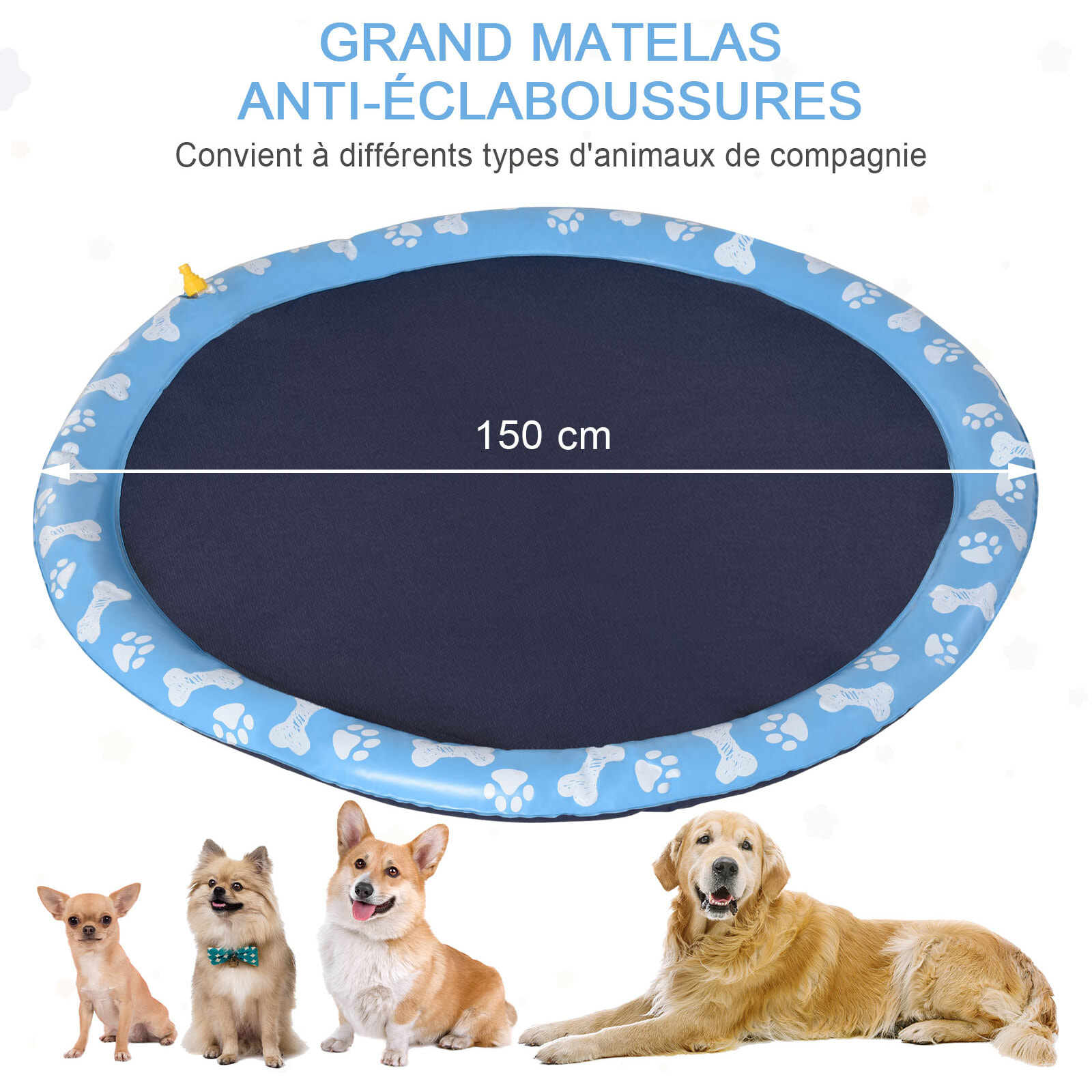 Piscine tapis à jet d'eau pour chien - Ø 1,5 m - pliable, facile à transporter - PVC bleu motifs os pattes