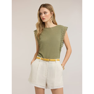 Motivi - T-shirt in misto lino con inserti in pizzo - Verde militare
