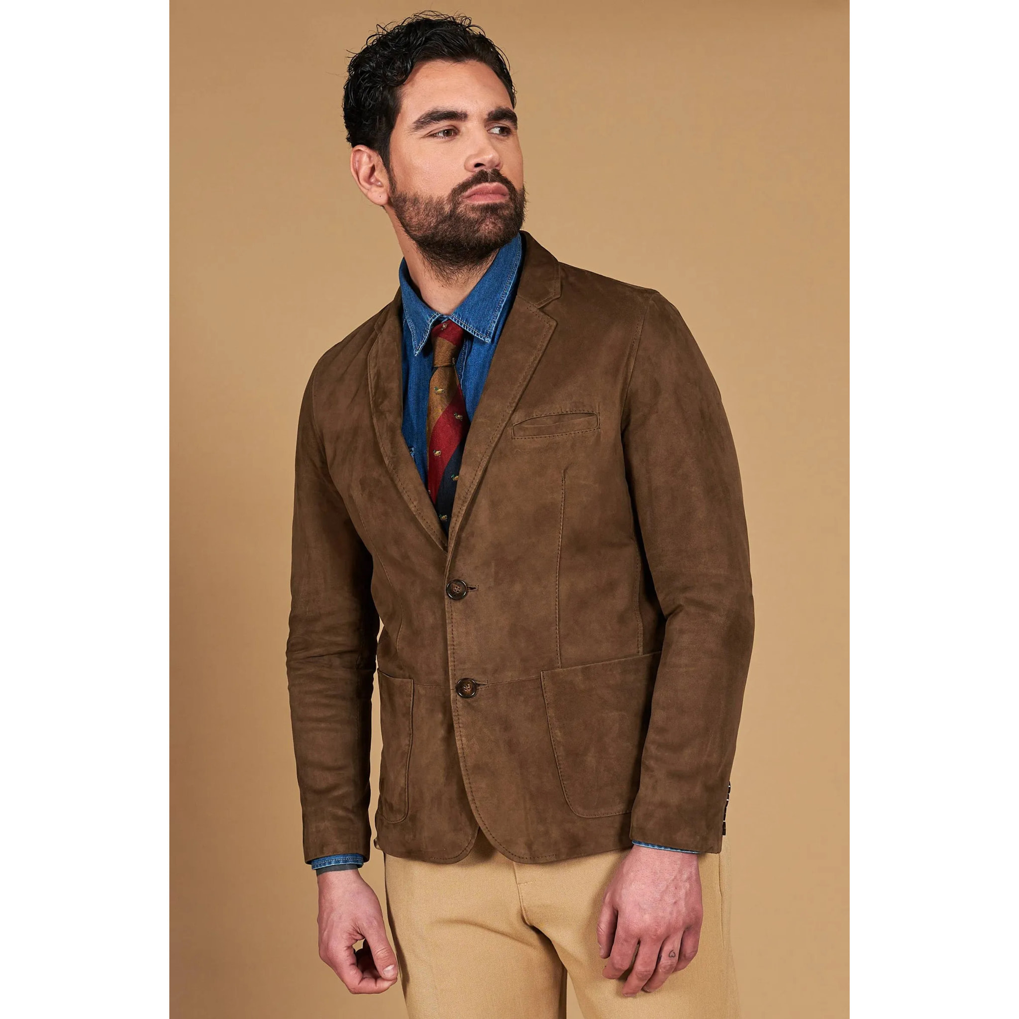 Blazer in pelle scamosciata color fango con due bottoni