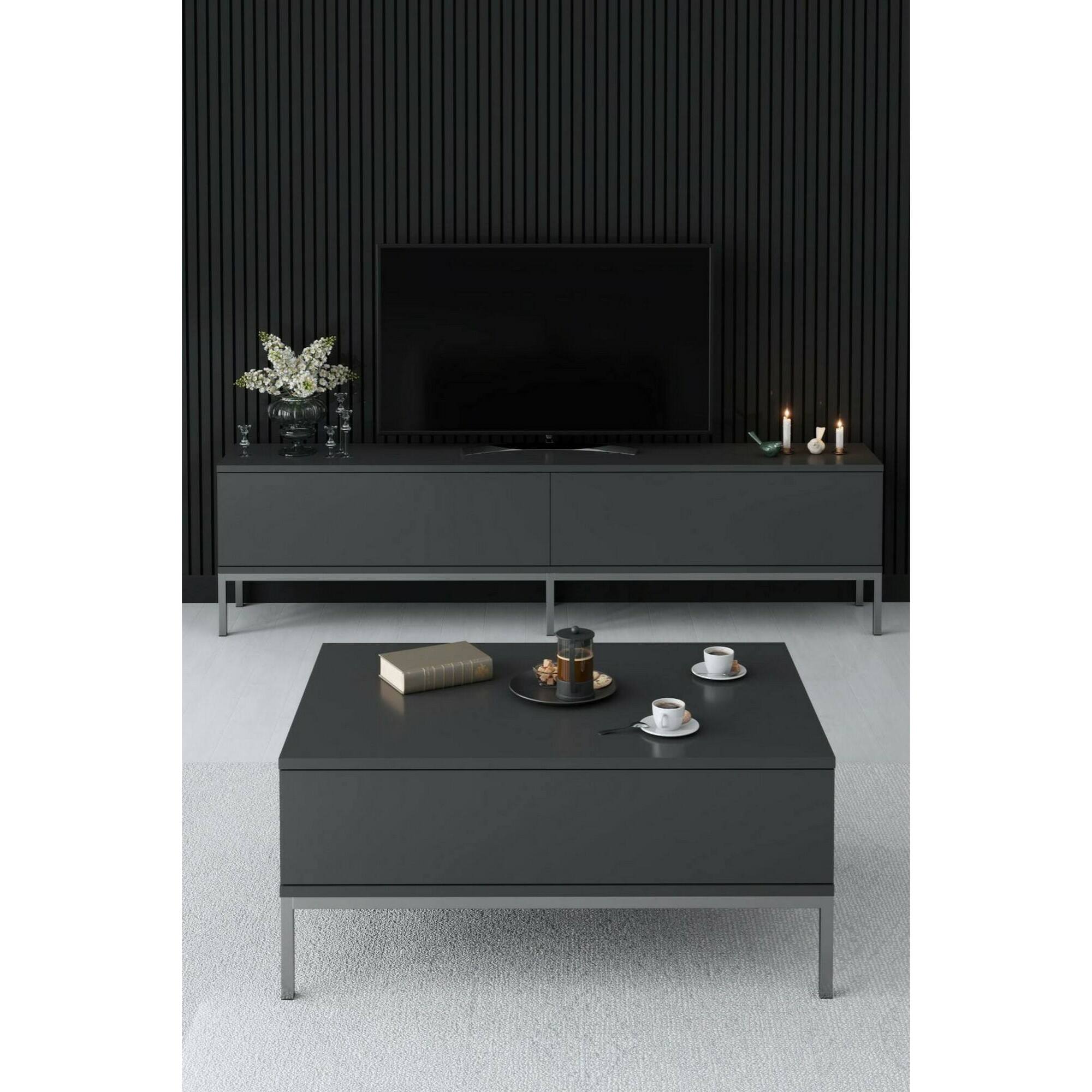 Mobile porta TV Dpetrell, Credenza da soggiorno, Armadio basso per TV, Base parete attrezzata, 180x30h47 cm, Antracite e Argento