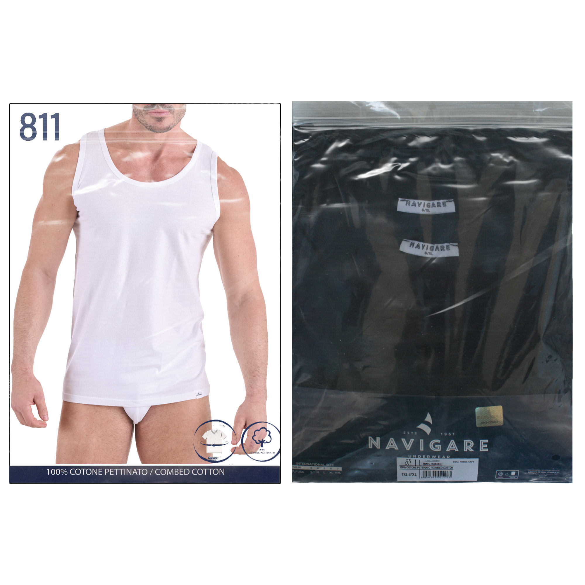 Canotta in 100% Cotone Navigare Art.811 Conf. 2 pz Ass (1 Nero 1 Blu)