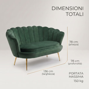 Divano 2 Posti in Velluto con Schienale a Ventaglio, Seduta Imbottita dallo Stile Elegante per Soggiorno, Studio e Camera da Letto