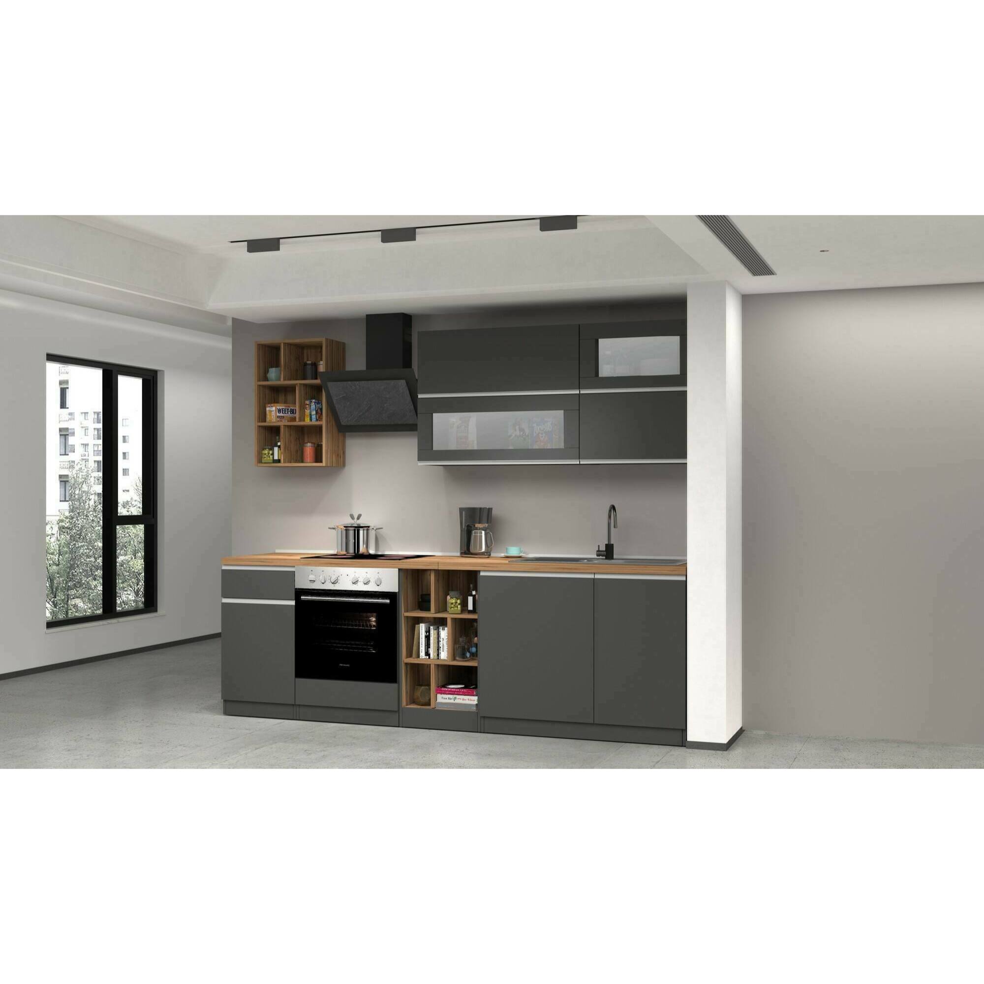 Cucina completa Dcastill, Cucina pratica e salvaspazio, Parete da cucina con 5 ante e 1 cassetto, 100% Made in Italy, 255x60h85 cm, Antracite e Rovere