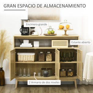 Aparador de Cocina de Estilo Boho Mueble Buffet Auxiliar con 3 Puertas de Ratán Estantes Ajustables y Patas de Madera para Salón Comedor 120x40x97 cm Natural