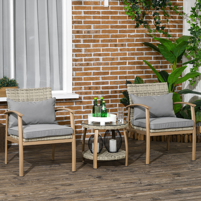 Conjunto de Mesa y Sillas de Jardín para Exterior Juego de 3 Piezas Sillas y Mesa de Ratán con Marco de Aluminio Incluye 2 Sillas 1 Mesa de Vidrio Templado y Cojines Natural y Marrón