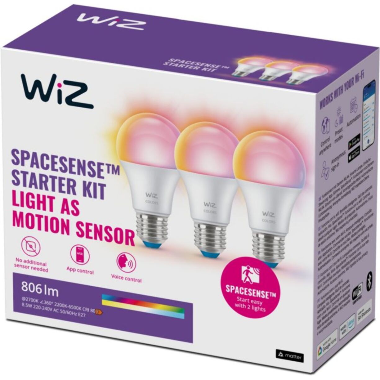 Ampoule LED connectée WIZ E27 Couleur 60W pack de 3