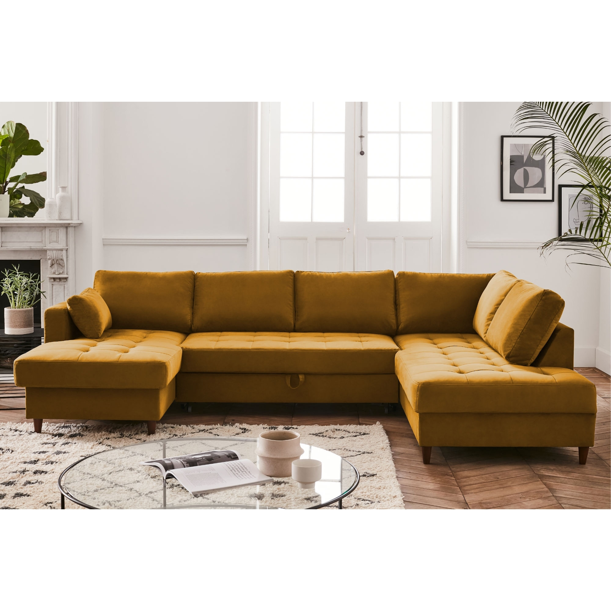 Anna - canapé panoramique d'angle droit - 7 places - convertible avec coffre - en velours - Jaune