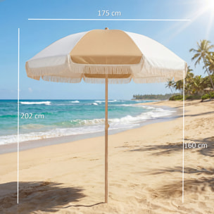 Sombrilla de Playa con Flecos Ø175 cm, Sombrilla de Terraza Exterior con Altura Ajustable, Inclinación 30°, Anclaje Arena, UPF30+ y Bolsa de Transporte, Blanco y Beige