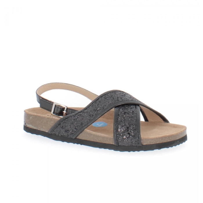 Superga Sandalo Soft Footbed 2 Fasce Incrociate Black Metalic + Glitter S11S862