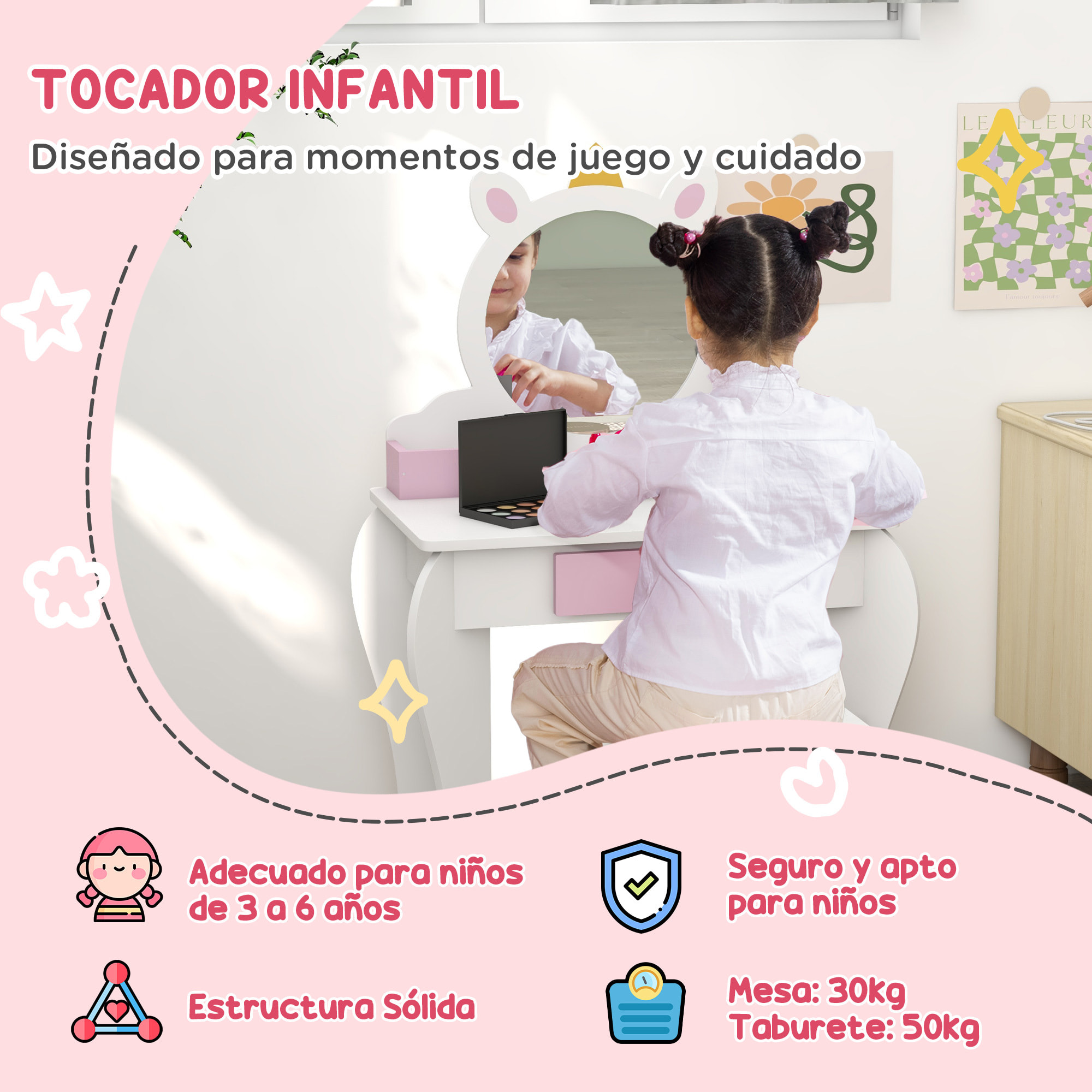 Tocador Infantil con Taburete y Espejo, Tocador para Niñas con Cajón, Compartimentos, Diseño de Unicornio, Mesa de Maquillaje para Niños y Niñas de 3-6 Años, Blanco