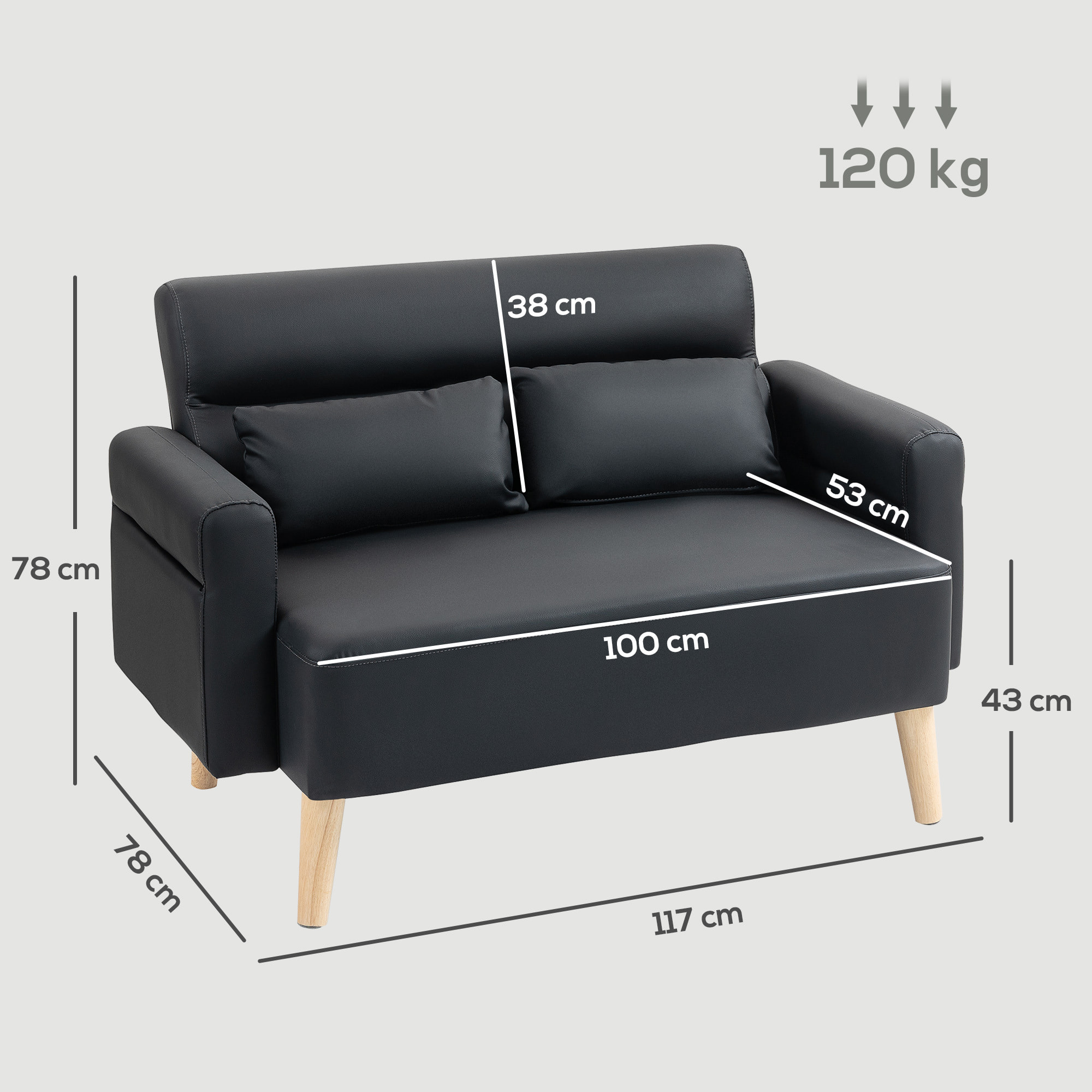 Sofá de 2 Plazas Tapizado en Cuero Sintético Sofá de Salón de 117 cm con Reposabrazos Acolchado Grueso Respaldo Acanalado y Patas de Madera para Dormitorio Sala de Estar Negro