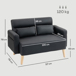 Sofá de 2 Plazas Tapizado en Cuero Sintético Sofá de Salón de 117 cm con Reposabrazos Acolchado Grueso Respaldo Acanalado y Patas de Madera para Dormitorio Sala de Estar Negro