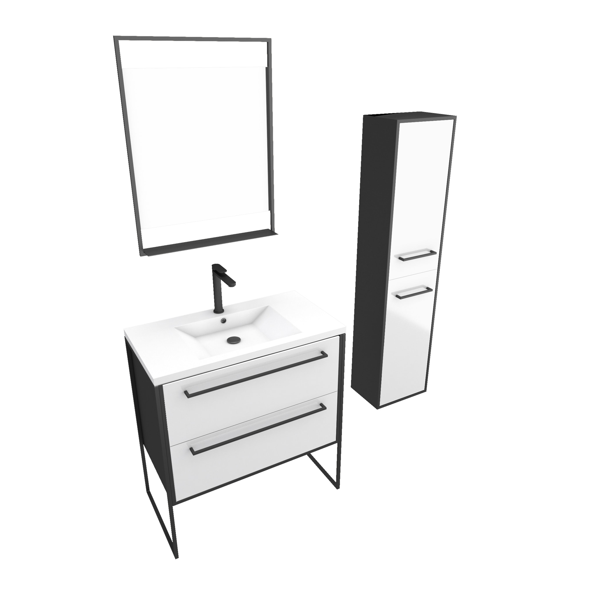 Meuble Salle de Bains 80 cm, Vasque Blanche, Miroir Led et Colonne - Noir et Blanc - STRUCTURA