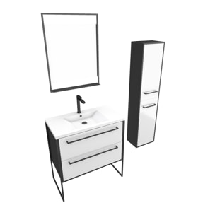 Meuble Salle de Bains 80 cm, Vasque Blanche, Miroir Led et Colonne - Noir et Blanc - STRUCTURA
