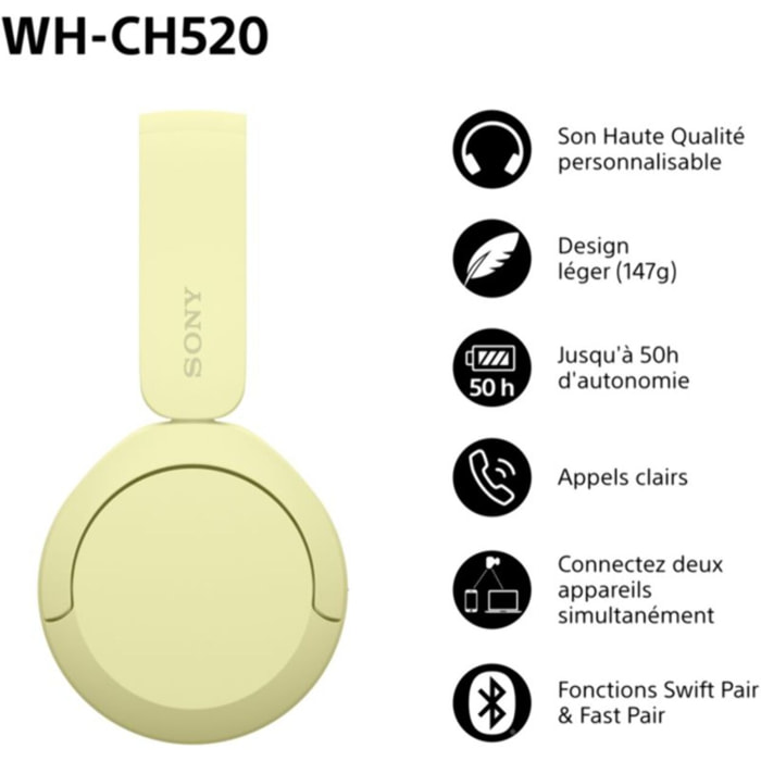 Casque SONY WH-CH520 Jaune