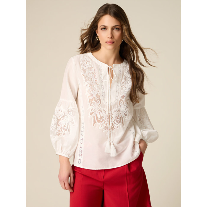 Oltre - Blusa in cotone seta con ricami - Bianco