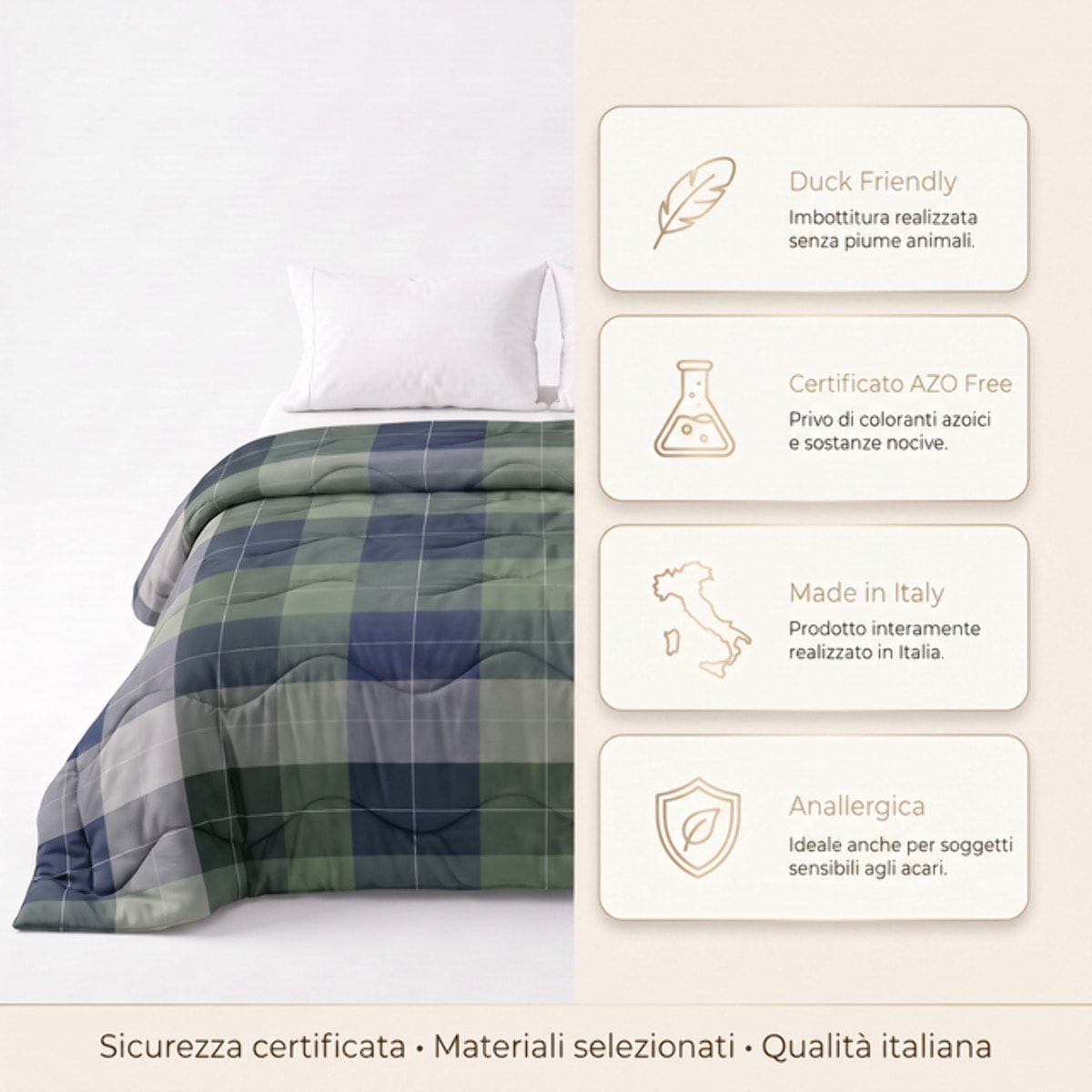 Piumino matrimoniale invernale anallergico 300 g/m², imbottitura ecologica soffice e calda, trapunta letto morbida e leggera, antiacaro e traspirante, lavabile in lavatrice, Made in Italy, comfort termico per notti fredde, dimensioni 260x260 cm