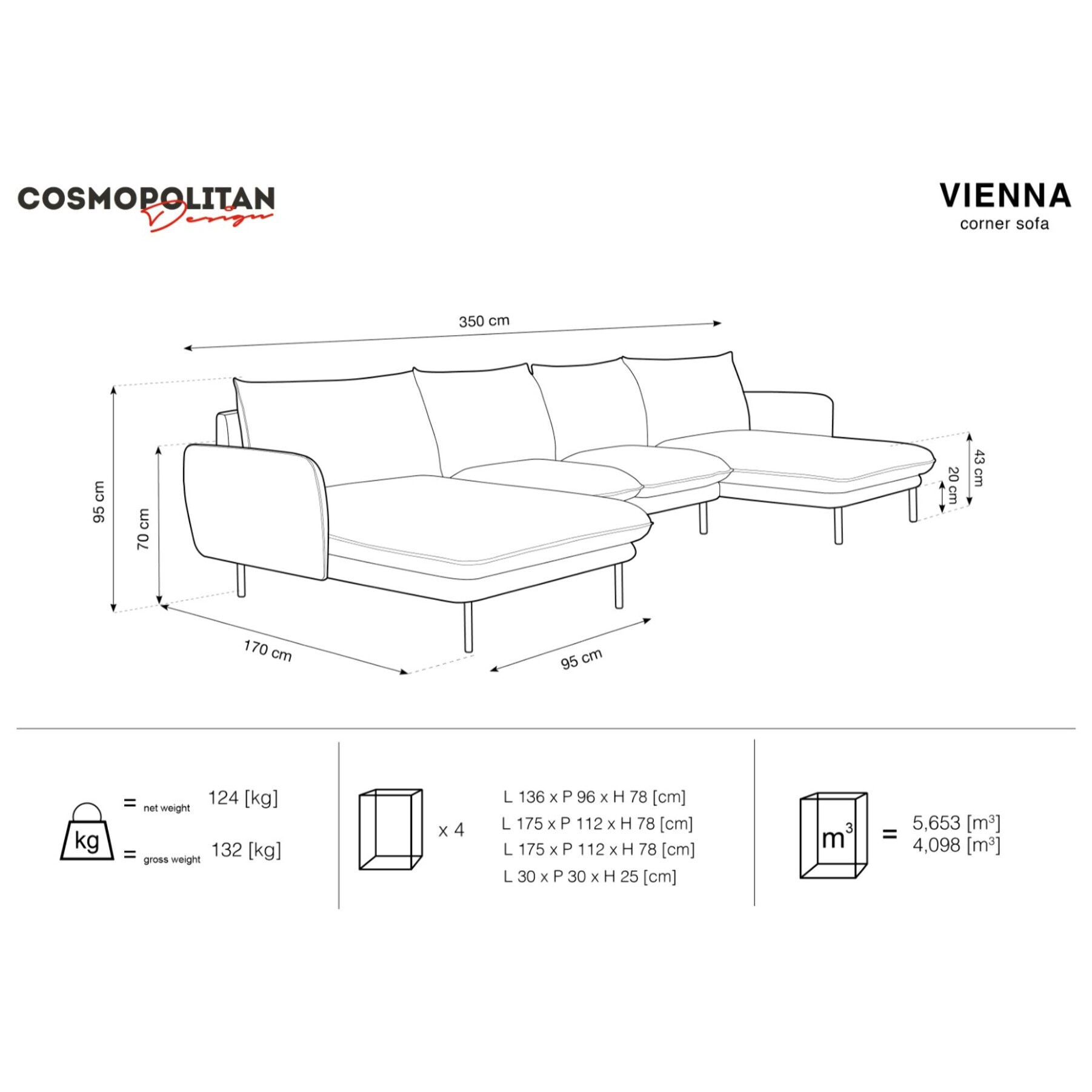 Canapé panoramique "Vienna" 6 places en velours rouge
