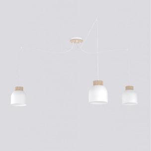 Lampada a sospensione KRU a tre luci in metallo bianco e legno