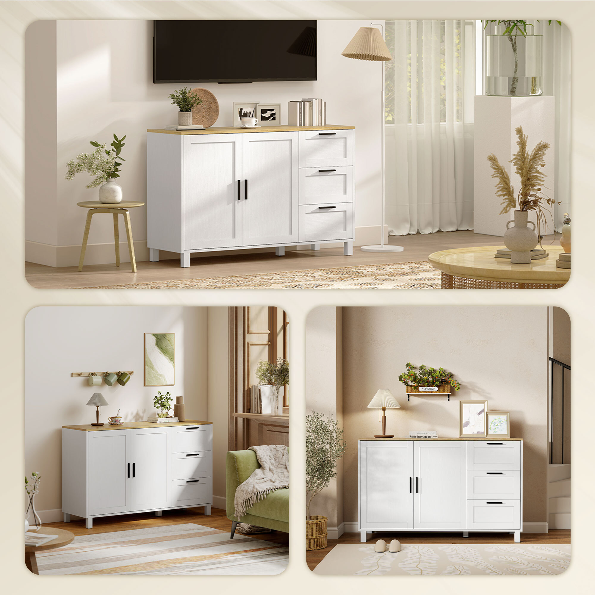 Aparador 2 Puertas, Aparador para Salón Moderno, con 3 Cajones, Estante Ajustable y Patas de Madera, para Comedor, Entrada, Dormitorio, 120x38x76 cm, Blanco