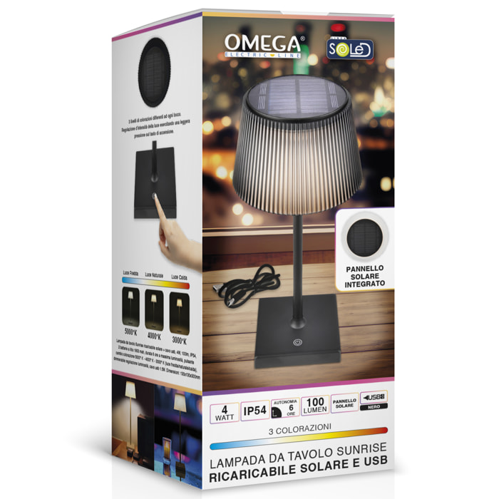 OMEGA Lampada da Tavolo Sunrise Ricaricabile Solare Nera 4W
