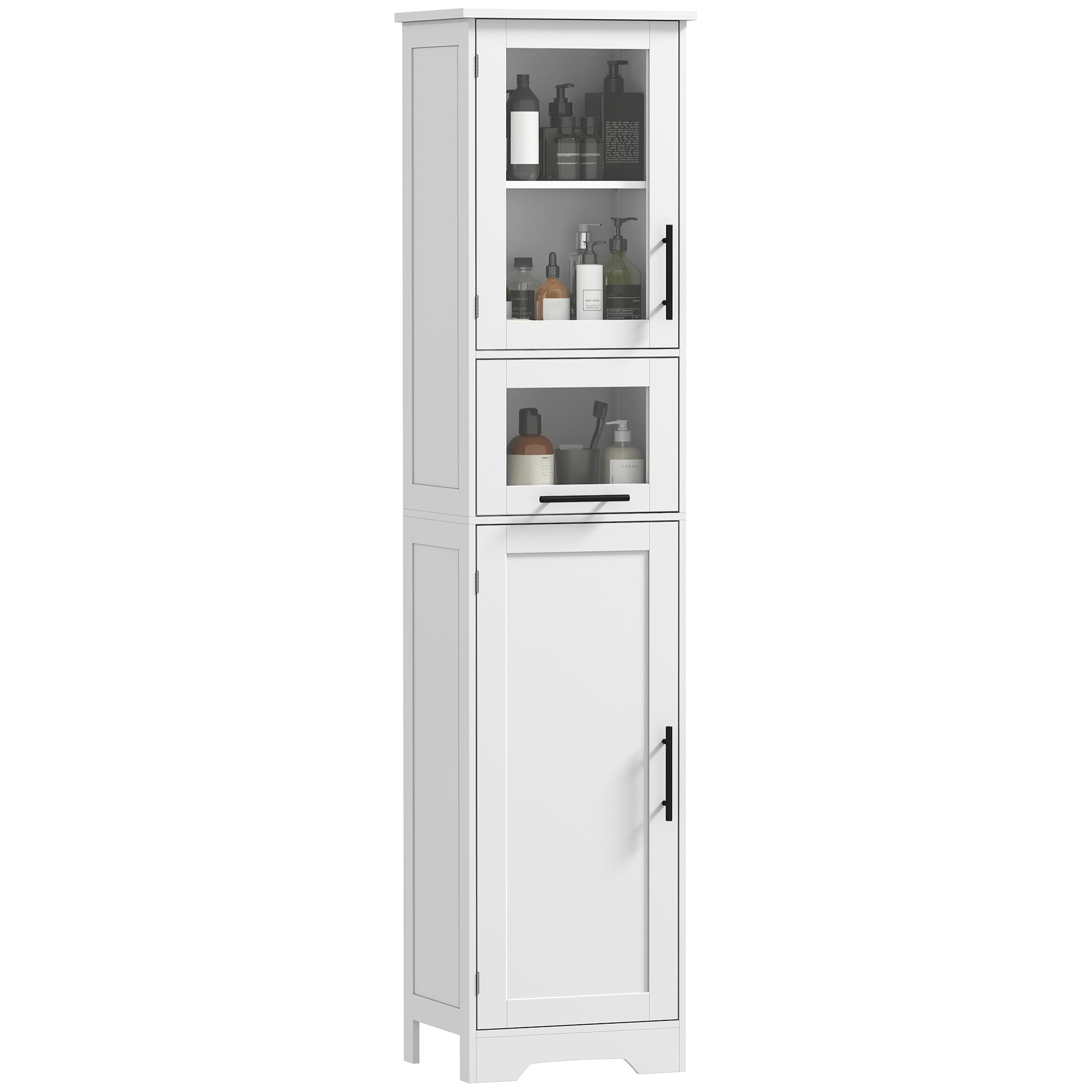 Armario de Baño Alto, Mueble Auxiliar de Baño con Puerta de Vidrio, Estantes Ajustables, Cajón, Columna Estrecha para Espacios Pequeños, 40x31x170 cm, Blanco