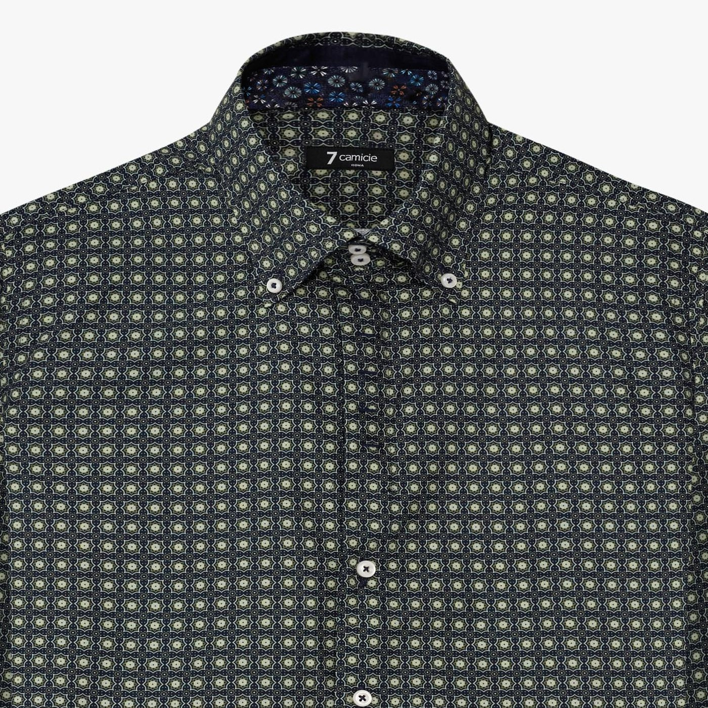 Camicia Uomo 2 Bottoni Button Down Slim Popeline Stampato Blu e Verde Militare