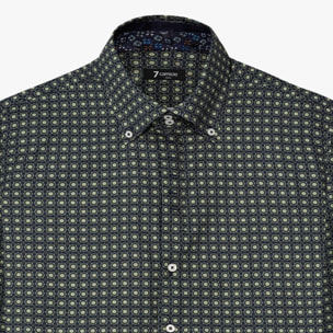 Camicia Uomo 2 Bottoni Button Down Slim Popeline Stampato Blu e Verde Militare