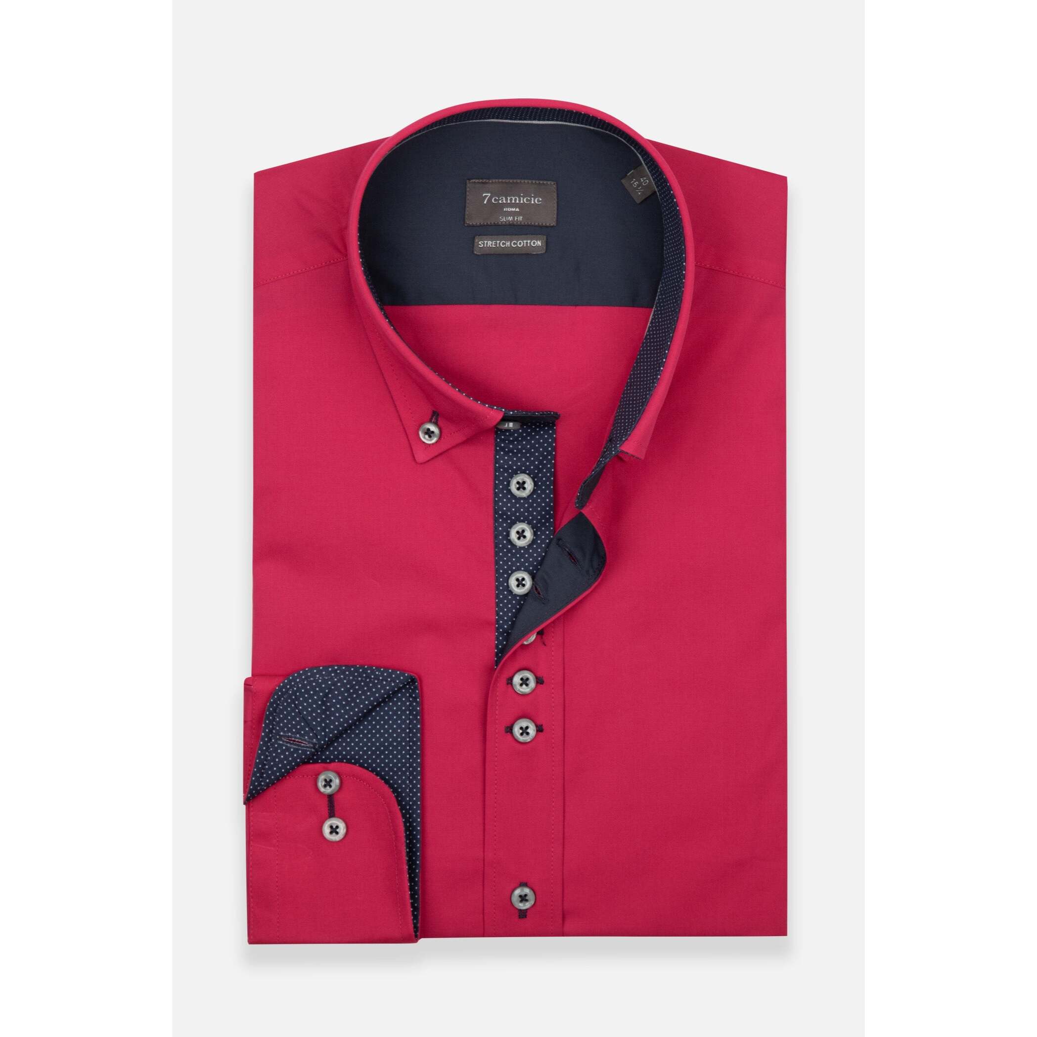 Camicia Uomo 1 Bottoni Button Down Slim Popeline Stretch Unito Fucsia