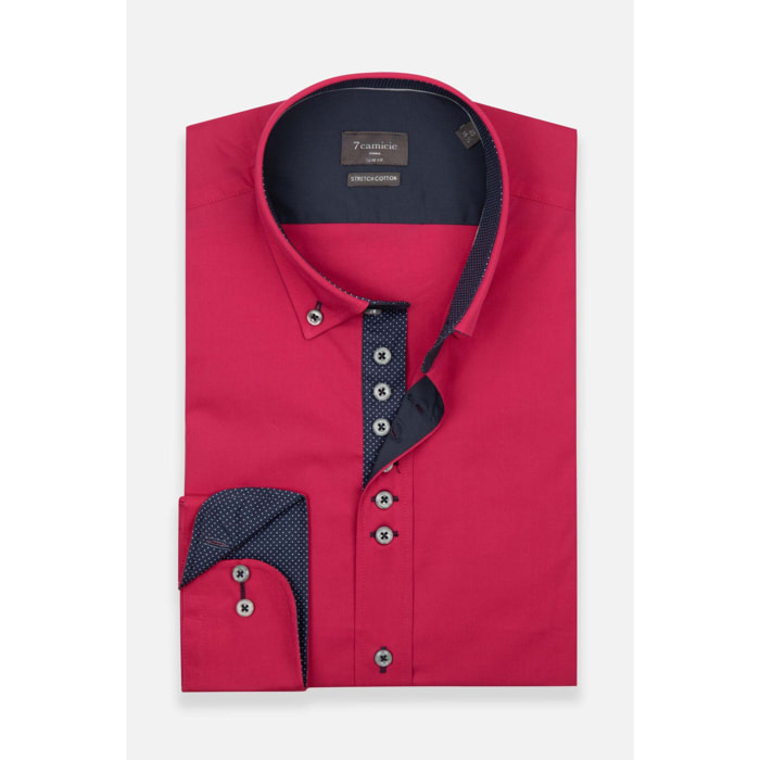 Camicia Uomo 1 Bottoni Button Down Slim Popeline Stretch Unito Fucsia
