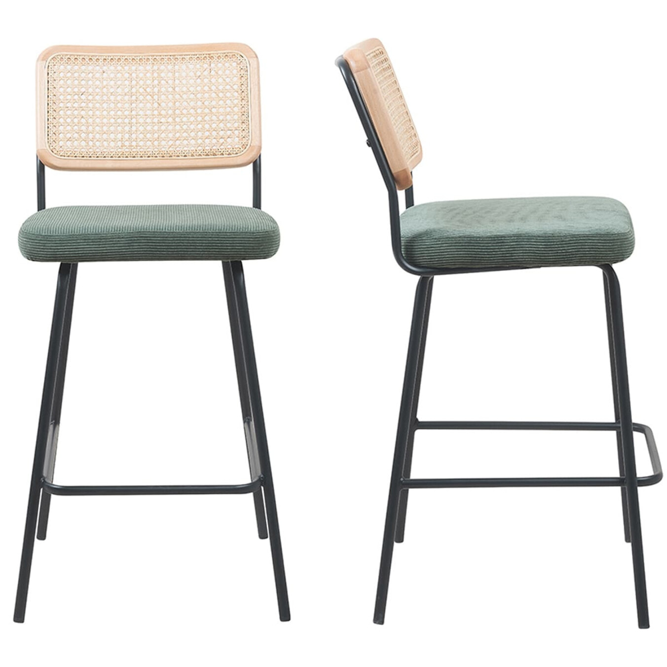 Lot de 2 chaises de bar en cannage et velours côtelé, piètement noir - MUSE