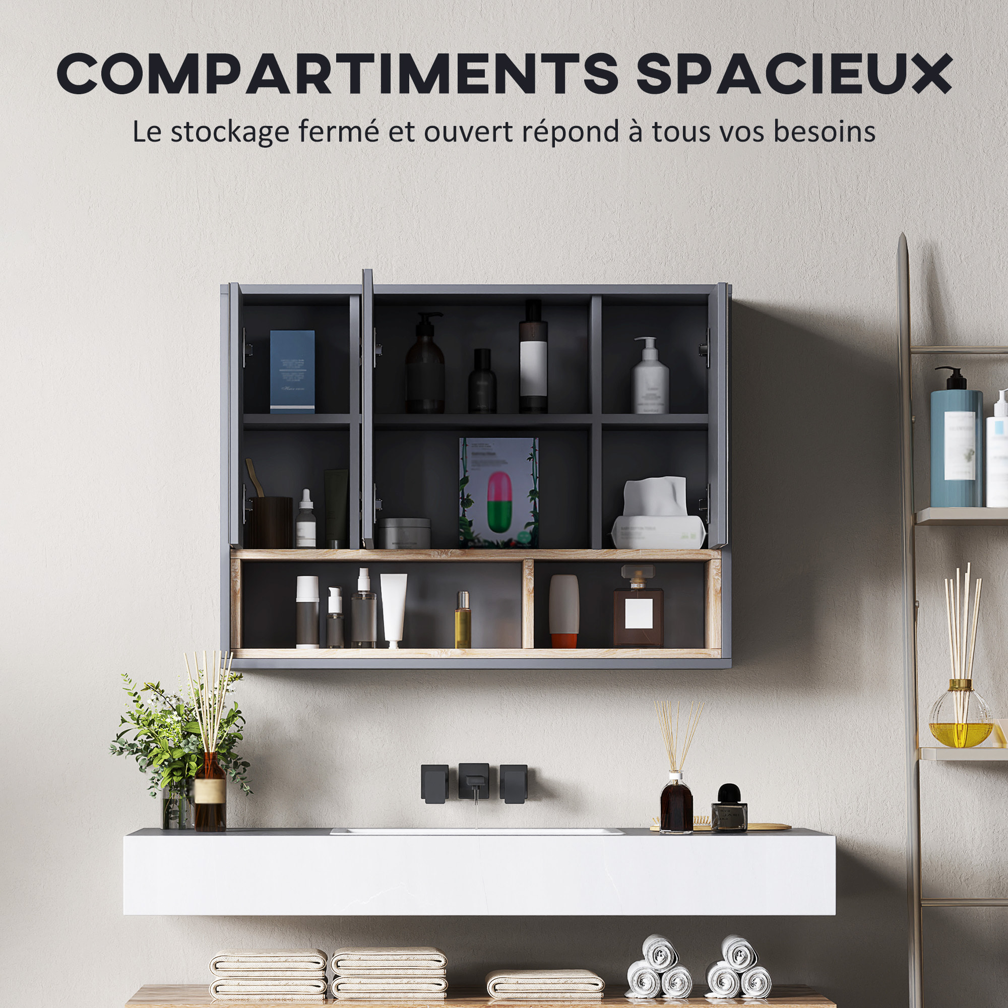 Armoire miroir de salle de bain - 3 portes, 3 étagères, 2 niches - dim. 80 x 20 x 60 cm - gris effet bois clair naturel