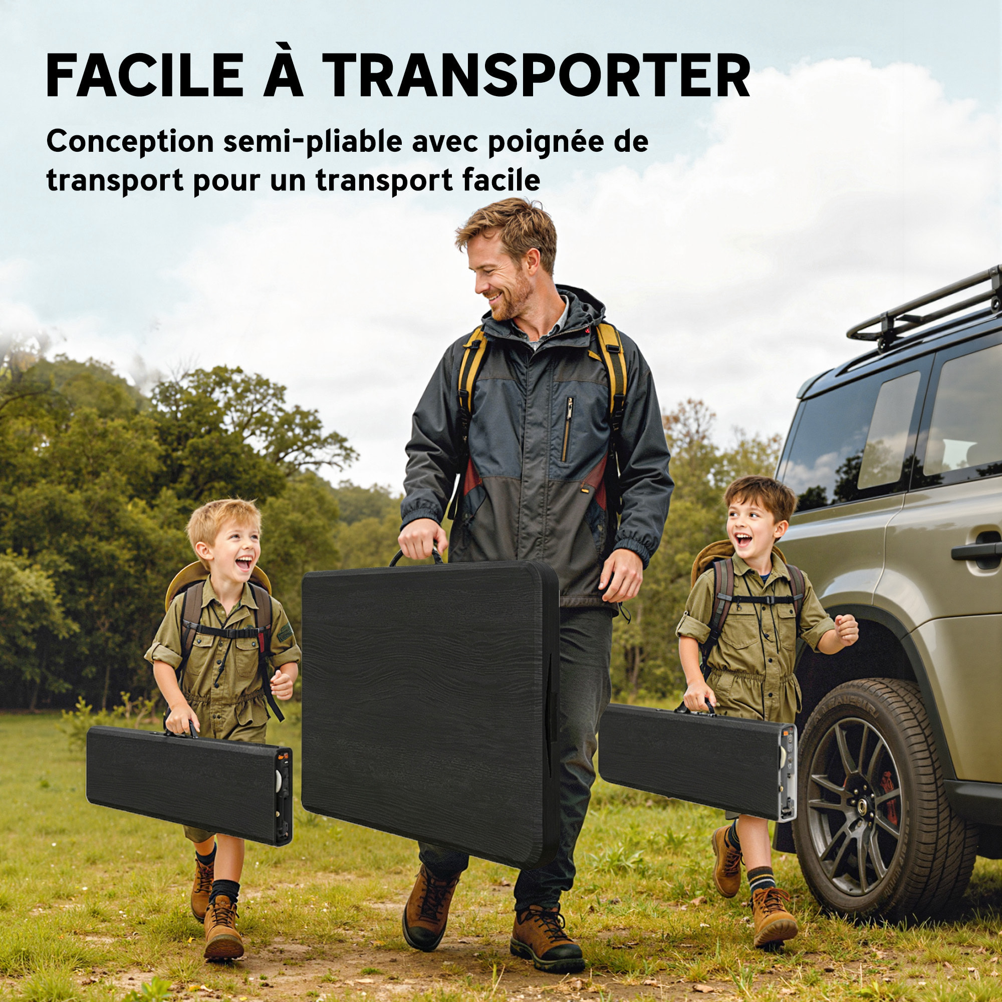 Ensemble table 2 bancs pliables avec poignées - usage pique-nique camping - métal époxy HDPE noir