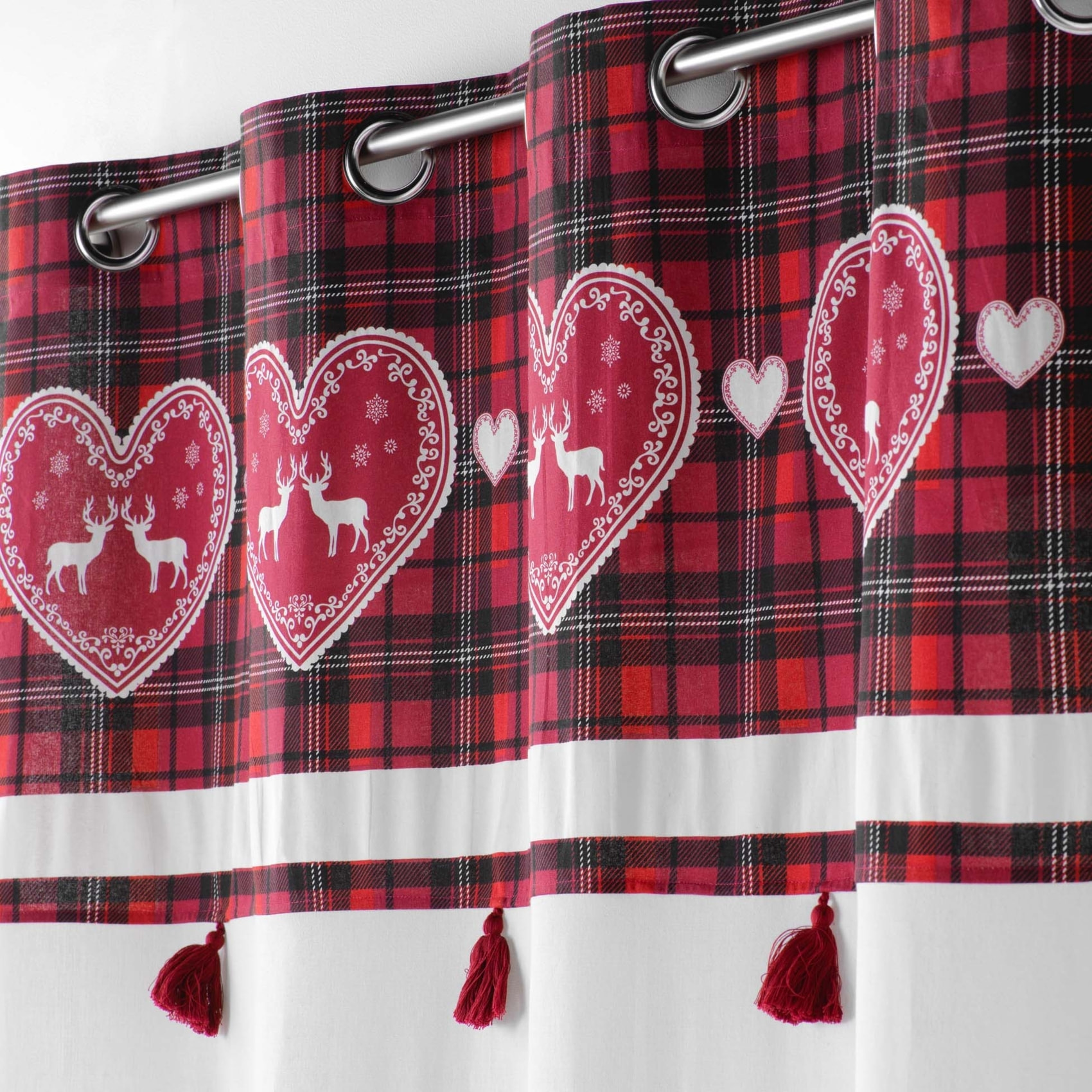 Rideau tamisant au parement à carreaux - Blanc