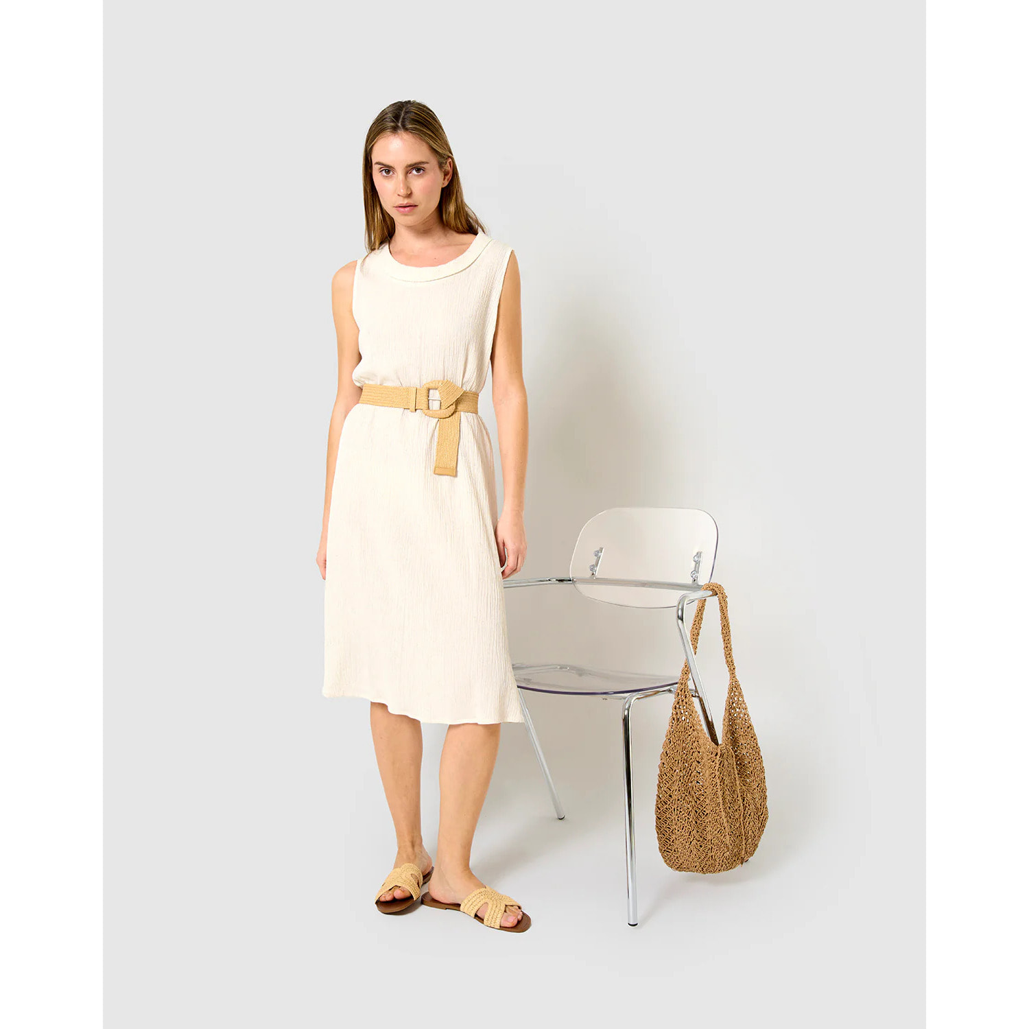 Vestido midi cuello drapeado algodón lino  natural