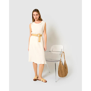 Vestido midi cuello drapeado algodón lino  natural