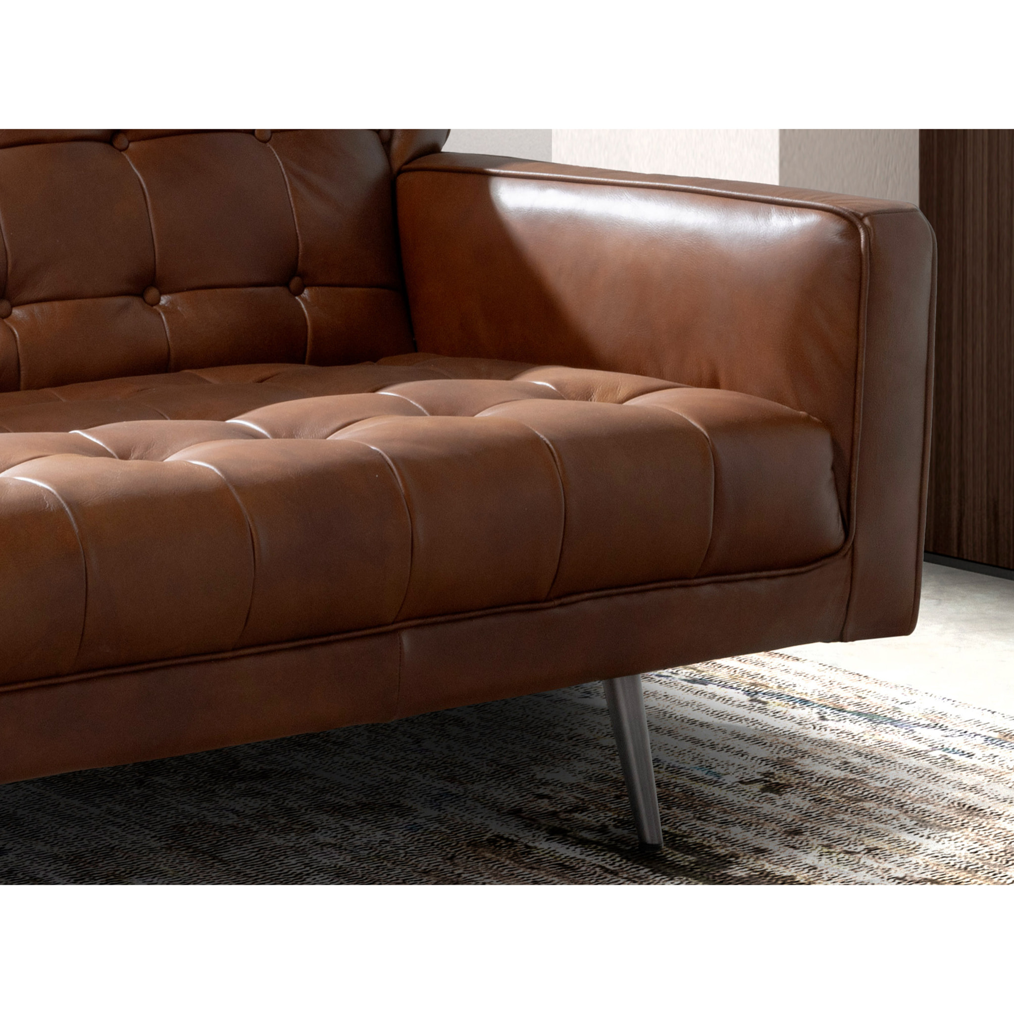 Sofá Chester de 3 plazas tapizado en piel de origen vacuno en marrón oscuro patas de acero inoxidable oscurecido 212x79x70cm