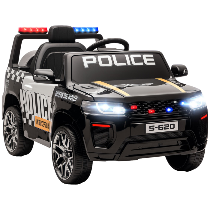 Coche Eléctrico para Niños de Policía, Coche de Batería 12V, con Motor Doble, Mando a Distancia 2,4 G, Suspensión en 4 Ruedas, Sirena, Faros LED, Puerto USB, Blutooth y Música, Negro