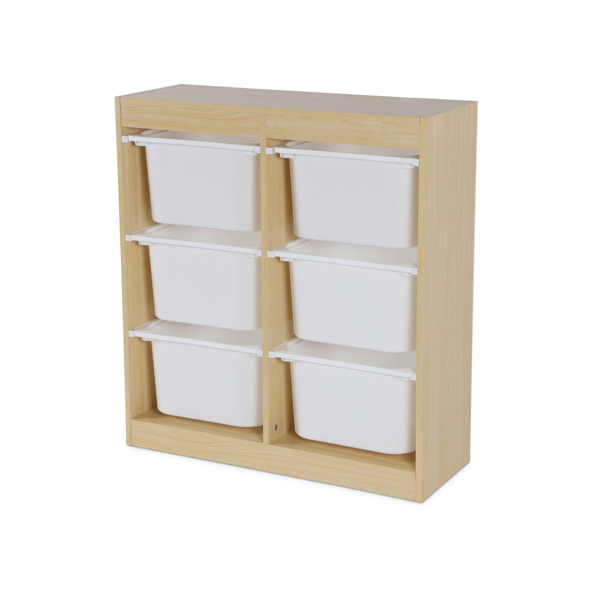 Meuble de rangement enfant. naturel. 6 bacs de rangement en plastique