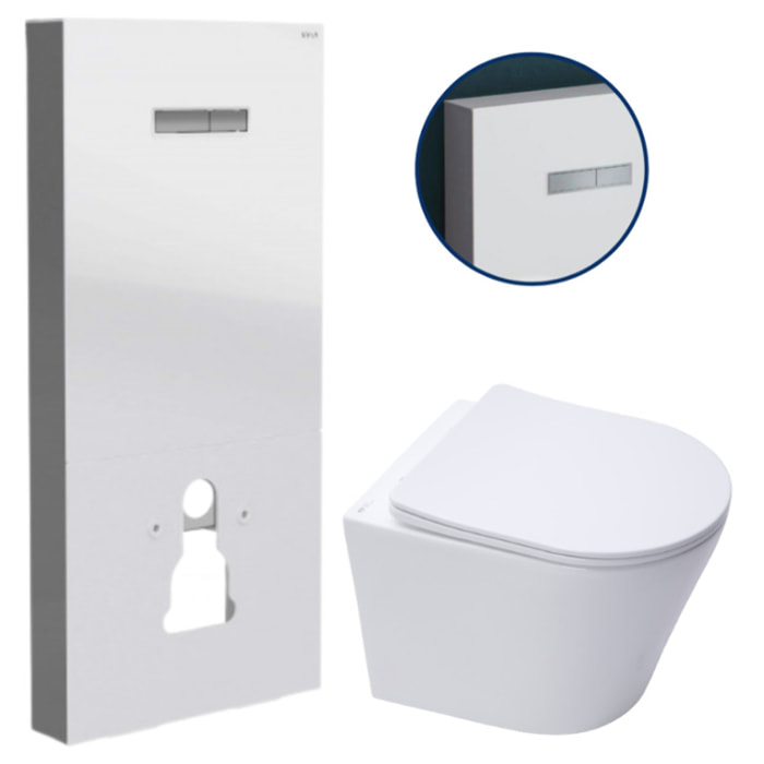 Pack WC Bâti support Vitra en verre trempé/aluminium brossé avec plaque intégrée + WC SAT sans bride + Abattant softclose