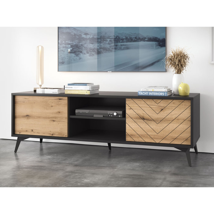 Peter - meuble TV - bois et noir - 154 cm - style industriel - Bois / Noir