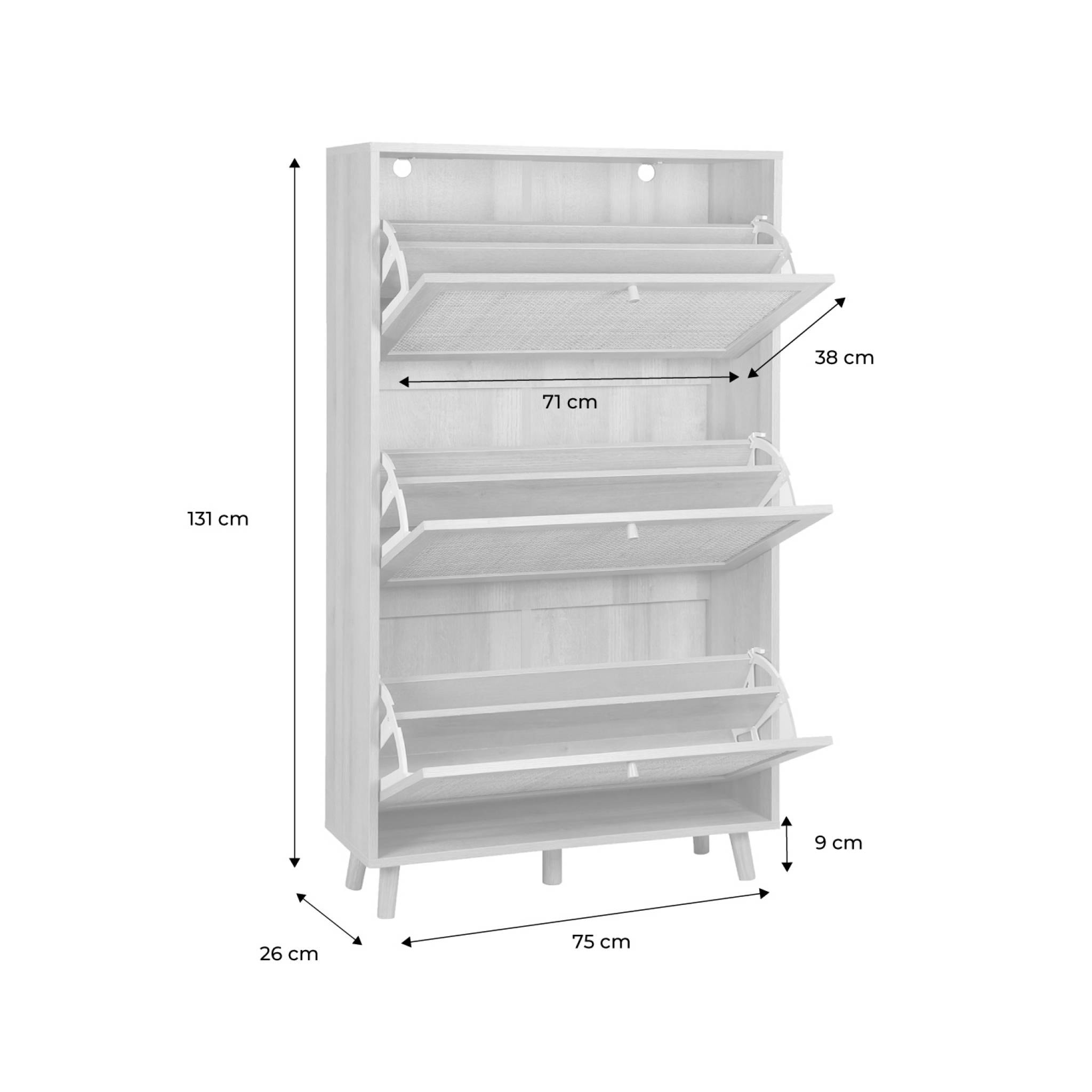 Meuble à chaussures. 3 abattants en cannage. Bohème.  L 75 x P 26 x  H 131cm