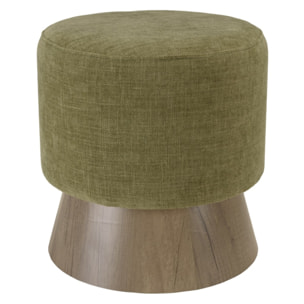 AGATHE - Pouf rond en tissu vert et pied bois D41cm