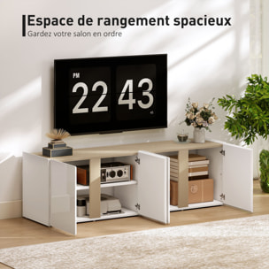 Meuble TV 135 cm, meuble télé pour téléviseur jusqu'à 65 pouces avec 4 portes à fermeture amortie, étagère réglable et passe-câbles, banc TV pour salon, chambre à coucher, blanc